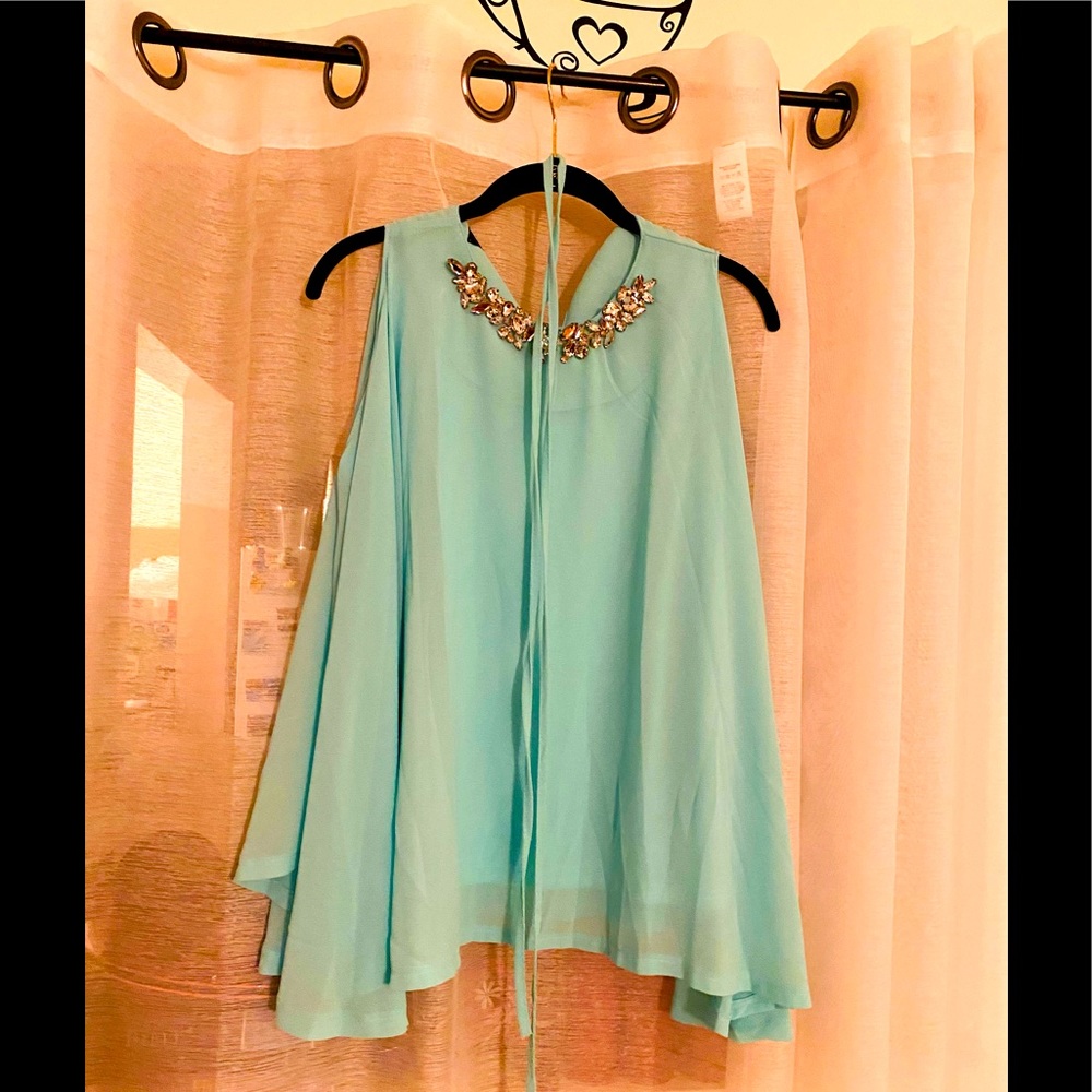 ~SALE~ MISS FINCH ELEGANT BLOUSE WITH RHINESTONES TURQUOISE L NWT